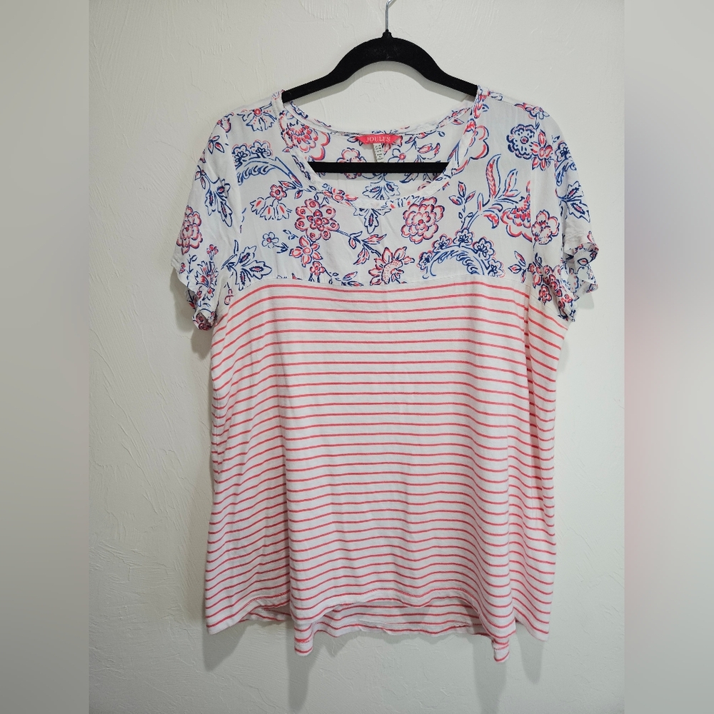 Joules Floral Stripe Short Sleeve Shirt Top Blouse Pink White Blue Women's 14 - Picture 2 of 12